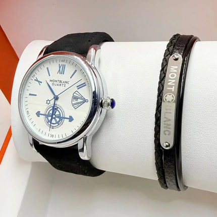Coffret Montre Homme Montblanc Quartz + Bracelet Cuir Tressé