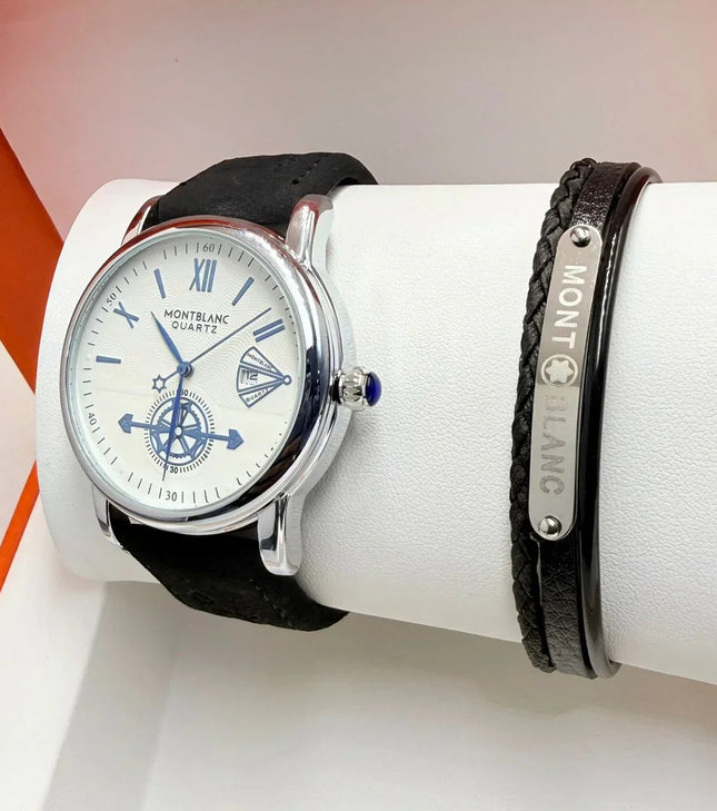 Coffret Montre Homme Montblanc Quartz + Bracelet Cuir Tressé