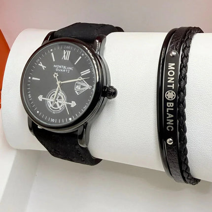 Coffret Montre Homme Montblanc Quartz + Bracelet Cuir Tressé